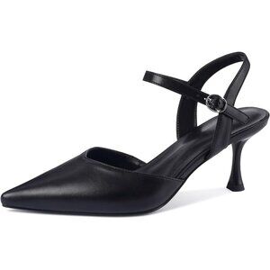 Women's Black-Pu Rhinestone Pointed Toe Stiletto Ankle Strap Buckle Heel Shoes